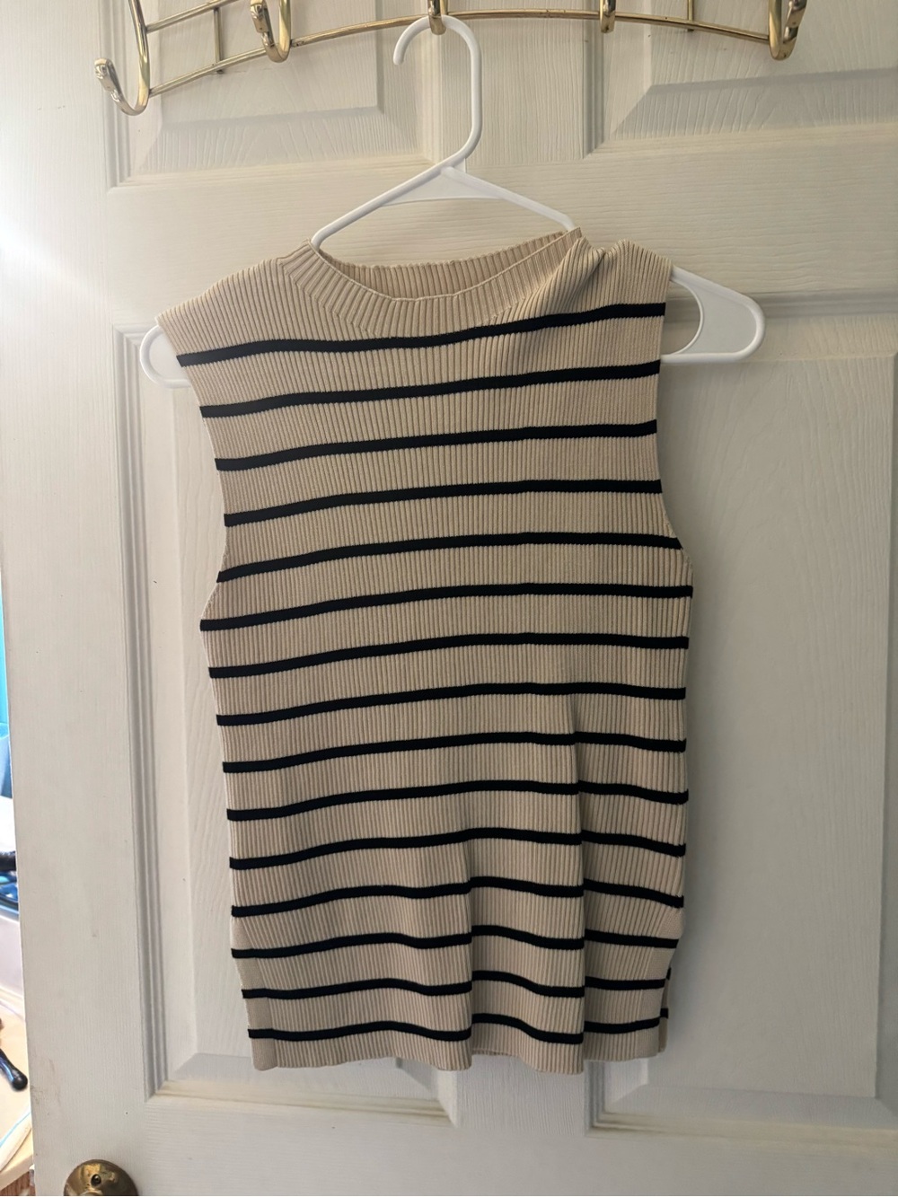 Sleeveless Beige & Black Striped Ribbed Knit Top